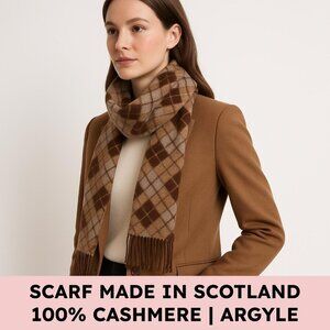Made in Scotland 100% Cashmere Brown Argyle Scarf